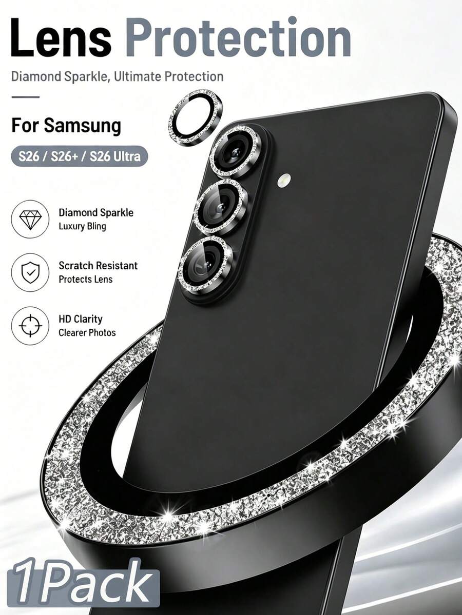 适用于三星 Galaxy S26/S26Plus/S26 Ultra/S25/S25 Ultra/S24/S23/S22 的钻石装饰相机镜头保护膜套装，9H 钢化玻璃 + 铝合金镜头环 [闪亮装饰]，超清晰独立镜头盖，闪亮黑色
