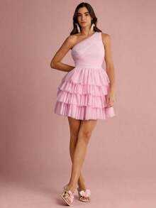 Vestido de malla con volantes y pliegues asimétricos - Rosa Pálido - Ver 3