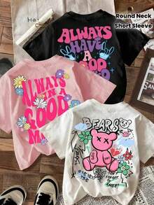 New Fashion T-Shirt For Women, 1 Piece Set, Bear And Letter Print, Round Neck, Plus Size, Pure Cotton, Loose And Slimming, Local Delivery, Machine Washable, Elegant Casual Top. - 白色 - 查看 7
