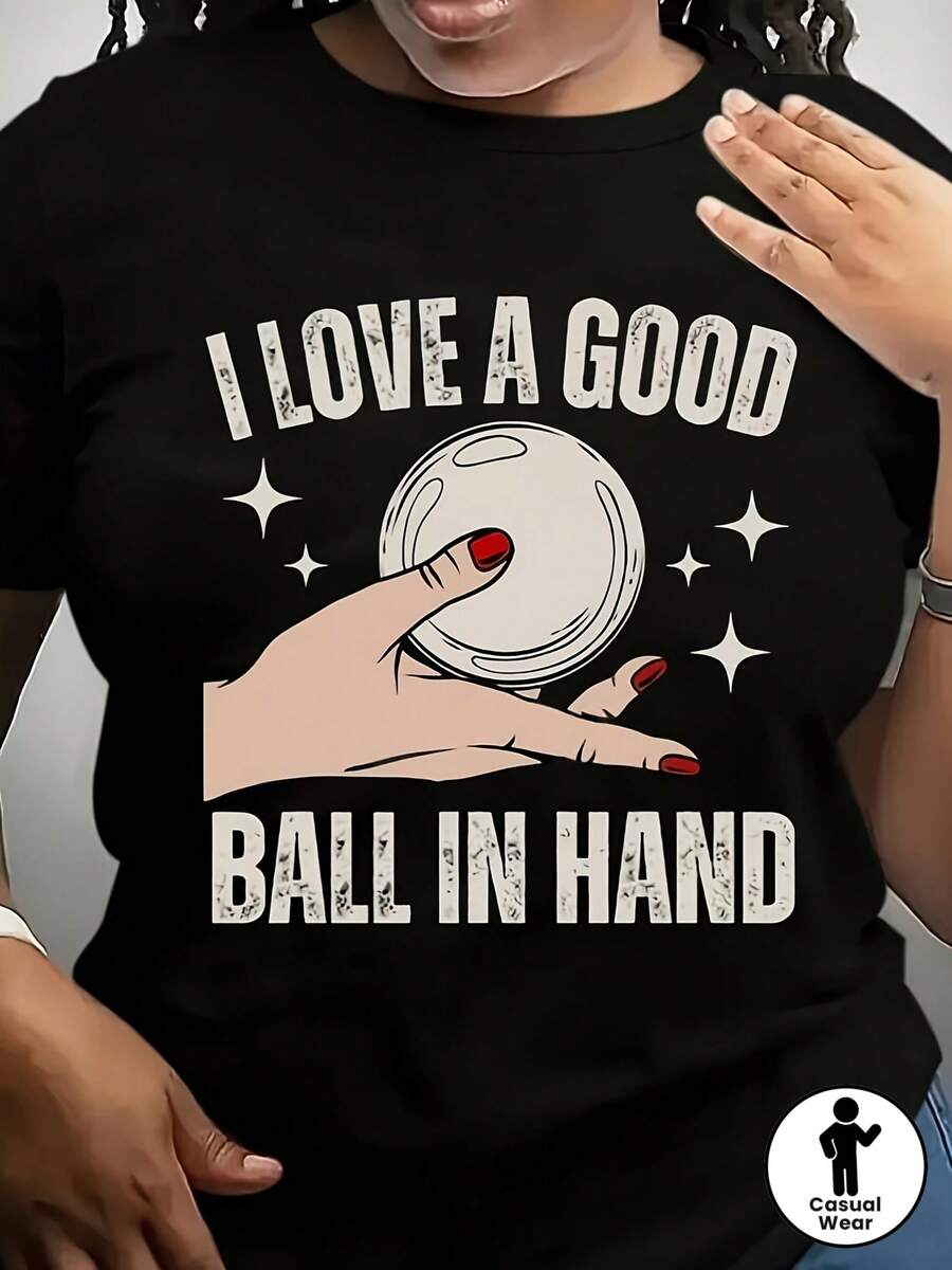 Camiseta Divertida de Jugadora de Billar para Mujer - Diseño Gráfico "Me Encanta Tener la Bola", Camiseta Casual de Talla Grande, 220 g/m² de Gramaje Pesado, Suave y Transpirable, Diseño Unisex, Cuello Redondo Ligero, Corte Regular, Lavable a Máquina, Comodidad para Todas las Temporadas, Ropa con Temática de Billar - Negro - Ver 1