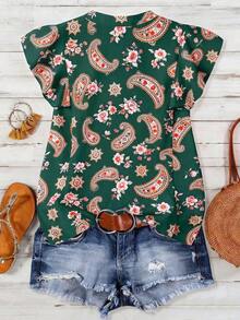 Blusa casual de mujer con estampado de cerezas, cuello plisado y mangas cortas de campana en silueta "H", para uso diario y vacaciones - Verde Oscuro - Ver 2