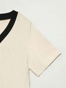 Vestido de manga corta con botones delanteros y ribete de punto, estilo elegante francés para mujer - Albaricoque - Ver 4