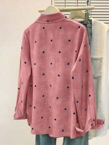 Camisa polo de manga larga con bolsillo y estampado de corazón de unicolor básico casual para mujer, adecuada para uso diario en , verano y otoño - Rosa - Ver 8