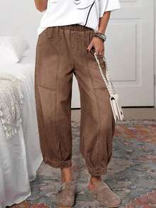 Pantalones vaqueros casuales de mujer con cintura con cordón y lavado vintage, pantalones casuales de mujer, pantalones de verano de mujer con cintura elástica, pantalones de mujer con bolsillos, pantalones caqui de mujer - Café integral - Ver 1