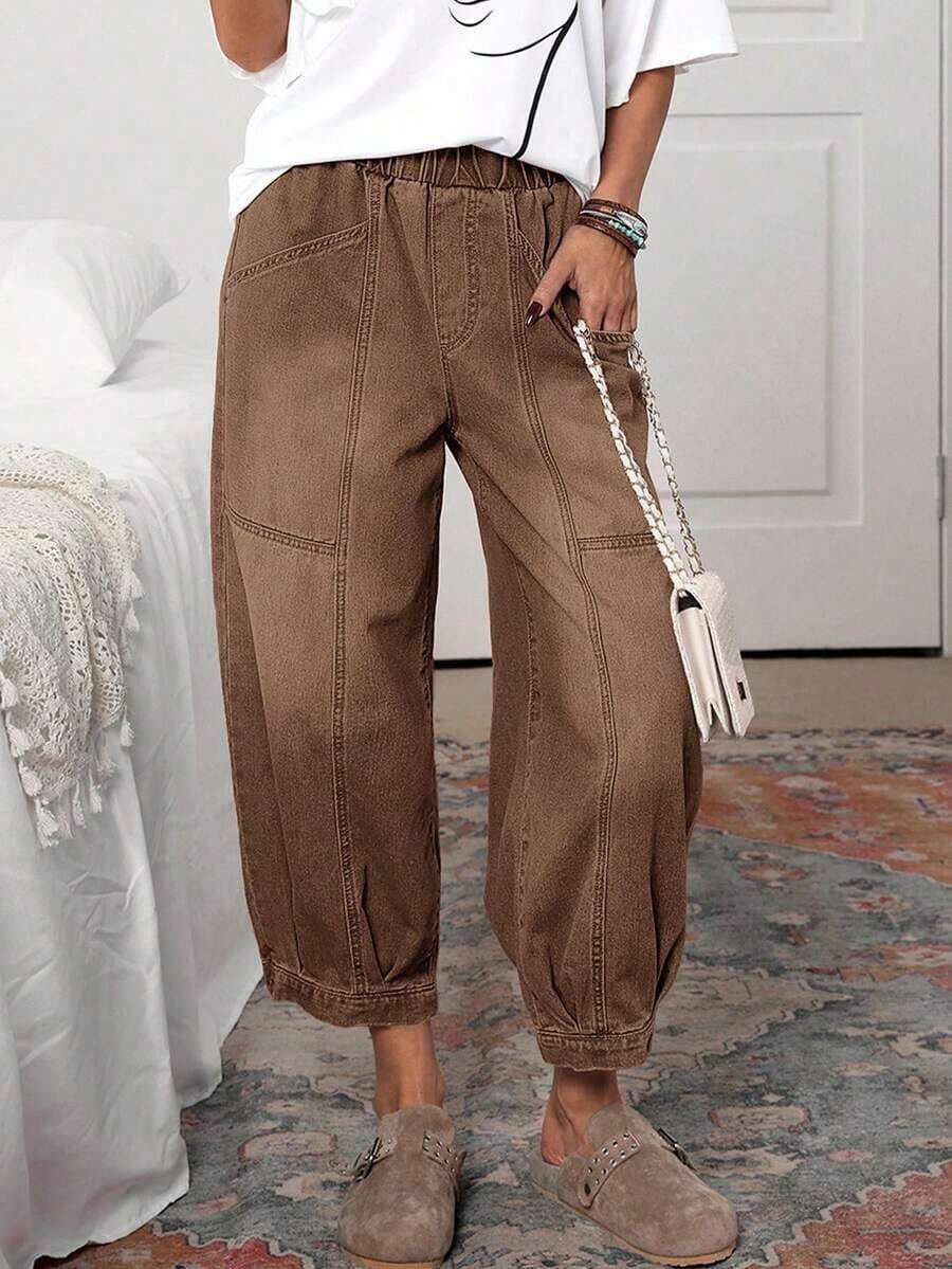 Pantalones vaqueros casuales de mujer con cintura con cordón y lavado vintage, pantalones casuales de mujer, pantalones de verano de mujer con cintura elástica, pantalones de mujer con bolsillos, pantalones caqui de mujer - Café integral - Ver 1