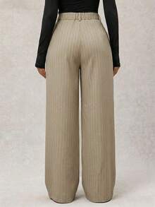 Pantalones anchos de pierna ancha de color café oscuro de moda minimalista para mujeres, pantalones de tela marrón de pierna ancha para el trabajo, pantalones de tiro alto de pierna ancha marrón para mujeres, pantalones de traje marrón para otoño/invierno - Caqui 2 - Ver 4