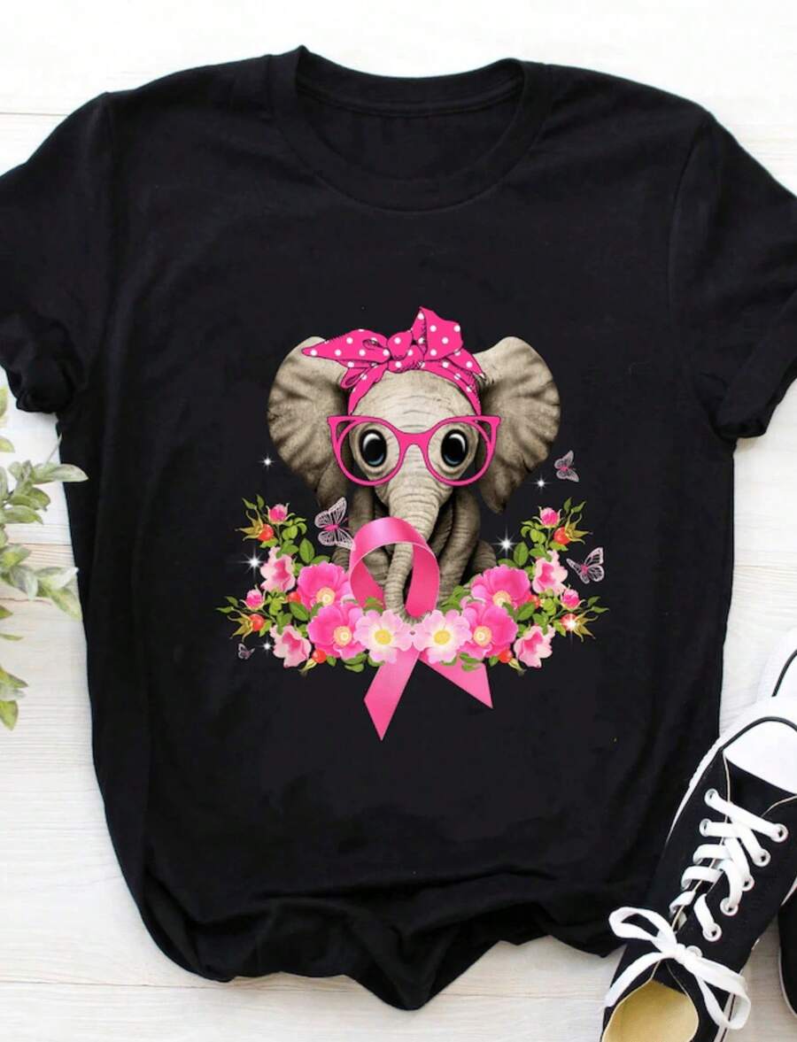1 Breast Cancer Awareness T-Shirt, Pink Ribbon T-Shirt, Team Pink Support, Breast Cancer Outfit, Survivor Gift, Matching T-Shirts For Groups And Families, 180g 100% Cotton. - 黑色 5 - 查看 1