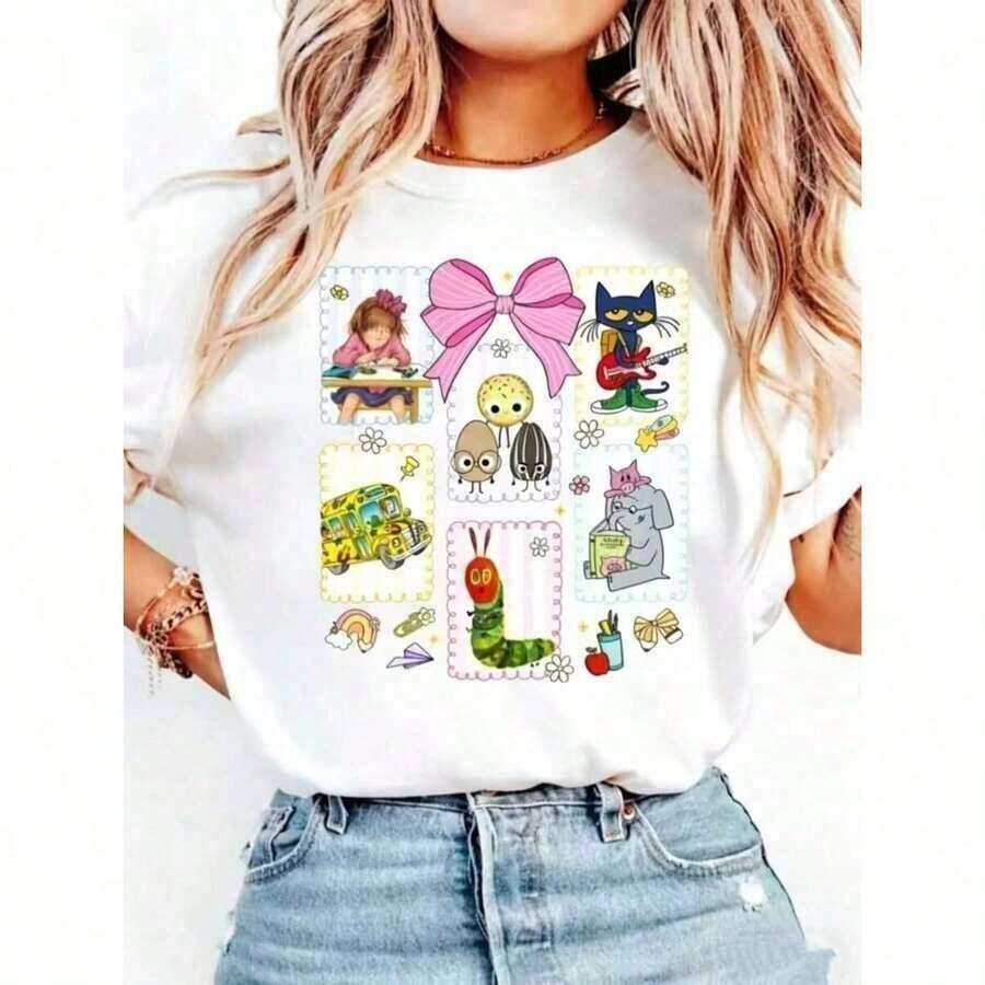 1 pieza Camiseta Casual Básica de Verano de Algodón Puro con Lazo Coqueta para Maestras, Camiseta para Maestras de Jardín de Infancia, Camiseta para Maestras de Preescolar, Camiseta para Amantes de los Libros, Regalos para Amantes de los Libros JVKF Camiseta de Manga Corta con Cuello Redondo Estampada para Mujer |       Suave y Elástico, Casual y para Gimnasio, Esencial para el Día del Deporte y San Valentín en Fiestas, Tops de Tallas Grandes 180g 100% Algodón - Blanco - Ver 1