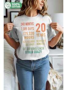 Funny T-Shirt For 20 Years Of Marriage, Graphic Print T-Shirt For 20th Wedding Anniversary, Women's Top - 白色 - 查看 6