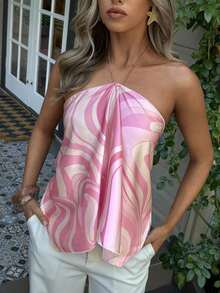 Blusa de mujer elegante con cuello de halter, estampado de tinte anudado y gasa para vacaciones en la playa - Multicolor 3 - Ver 3