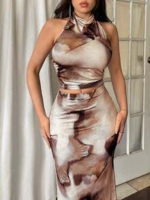 Sexy Print Crop Top With Halter Neck And Open Back, Two-Piece Set With High-Waisted Fitted Maxi Skirt - 焦糖色 - 查看 2