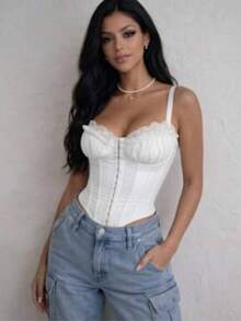 Women's Sexy Structured Lace Cropped Corset With Adjustable Straps And Reinforced Boning, Elegant Shaping Top, Fashion Party Night Outfit, Women's Tank Top - 白色 - 查看 3