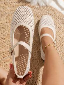 planare New Women's Fashion Woven Mesh Slip-On Shoes With Adjustable Strap Buckle Beige Summer Shoes Elegant Women's Shoes Comfortable Women's Shoes Ballet Shoes Mary Jane Shoes Cute Shoes Comfortable Women's Shoes Apartment Women's Apartment Black Shoes Elegant Women's Shoes Mary Jane Shoes Mules Shoes Summer Women's Shoes Summer Vacation Women's Shoes Mary Jane Women's Shoes Ballet Shoes Women's Shoes Comfortable Women's Shoes Cute Shoes Black Shoes - Beige - View 2