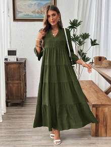 Vestido de vacaciones con mangas acampanadas y volantes en el bajo, unicolor para mujer, atuendos de vacaciones para mujer - Verde militar - Ver 1