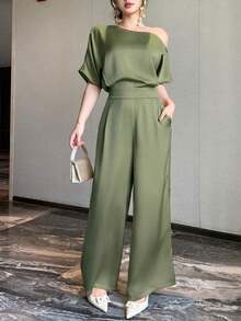 Mono de verano de lujo y elegante para mujeres, mono de satén ligero y de aspecto rico de alta gama - Verde - Ver 1