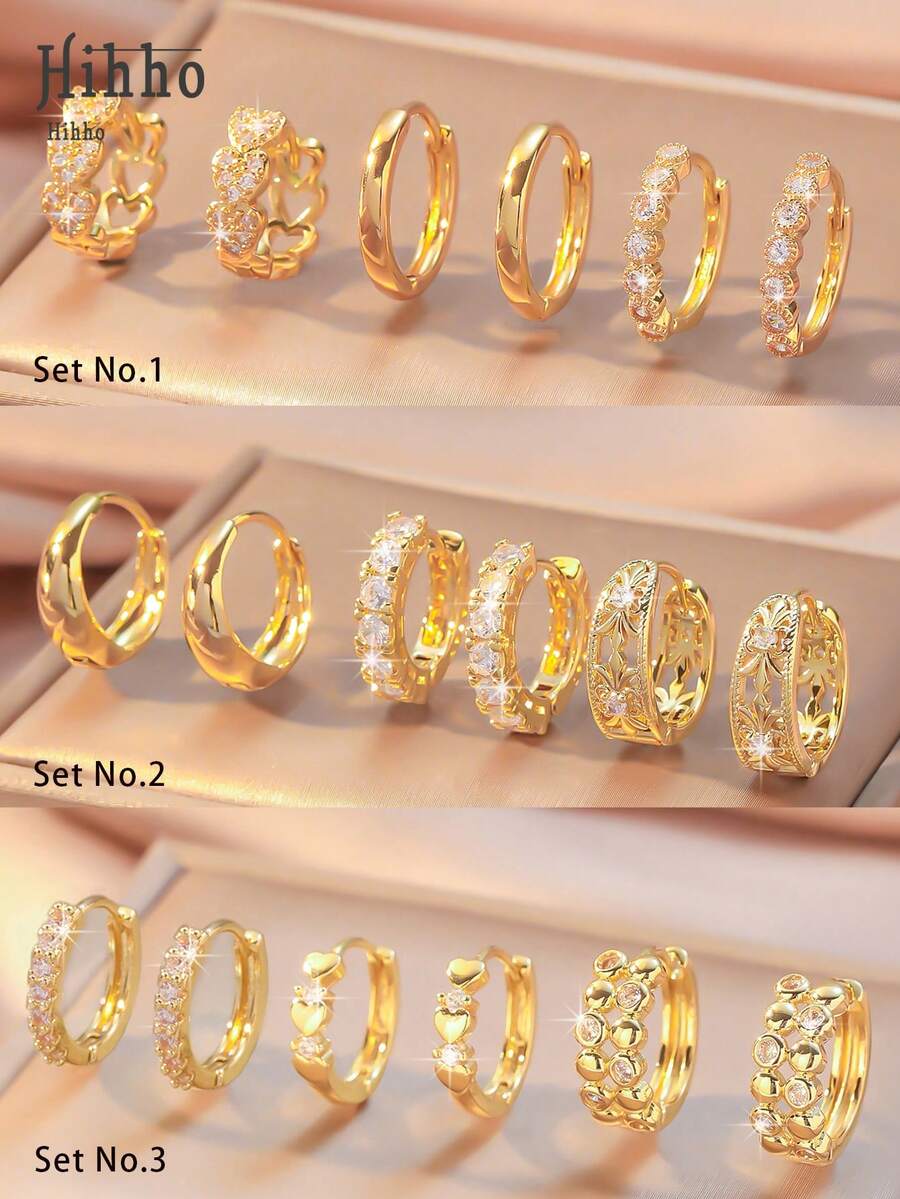 Hihho 6pcs/Set Classic Retro Zirconia Stud Earrings Set, Minimalist Luxury Design Earrings, Suitable For Daily Stacking Or Single Wear, Best Gift For Friends