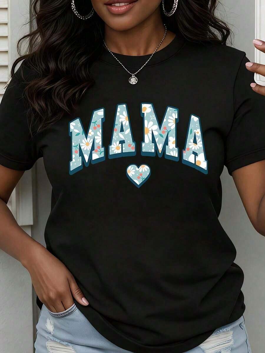 Camiseta de Cuello Redondo para Mujer con Estampado Floral y Diseño de Corazón, Manga Corta, Ropa Casual para el Día a Día para Madres y Mamás - Negro - Ver 1