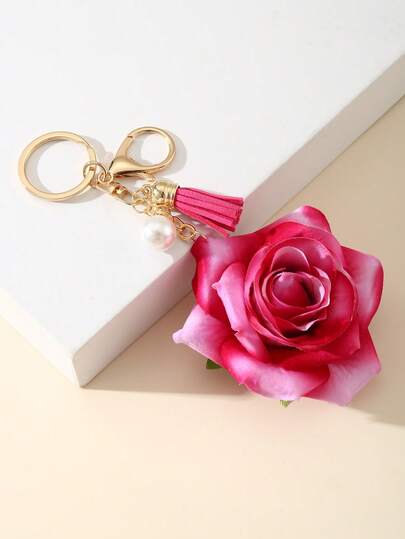 1 pieza Llavero de mujer, llavero con flor de rosa de terciopelo sintético, borla y perla sintética, adecuado para salidas, colgar en bolsos, mochilas, bolsos cruzados, gran regalo del Día de la Madre para mamá