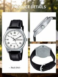 Casio Đồng hồ nam thạch anh kiểu dáng trang trọng, mặt số lớn thanh lịch, dây đeo giả da cá sấu màu đen, chữ số La Mã màu trắng, cửa sổ hiển thị hai ngày, tùy chọn mặt số đen trắng, chiếc đồng hồ cao cấp cổ điển vượt thời gian dành cho chồng và cha. - trắng - Xem 8