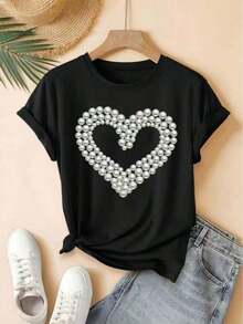 Camiseta de mujer moderna, informal, para fiestas y para estar en casa, 100% algodón, corte holgado. . De corte holgado. Camiseta de Mujer Casual para Uso Diario, Diseño de Corazón con Forma de Perla, Estampado, Camiseta Casual, Adecuada para el Ocio Diario, Estilo Vintage Urbano, Unisex, Holgada, de Algodón, Manga Corta, Cuello Redondo, Blusas Casuales - Negro - Ver 5