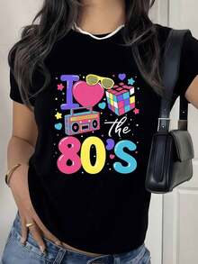 Colorful Print Celebrating Retro Nostalgia With Yellow Glasses, A Pink Heart, A Multicolored Cube, And An 80s Radio. Women's Outdoor T-Shirt, 100% Cotton, Comfortable And Vibrant - 黑色 - 查看 1