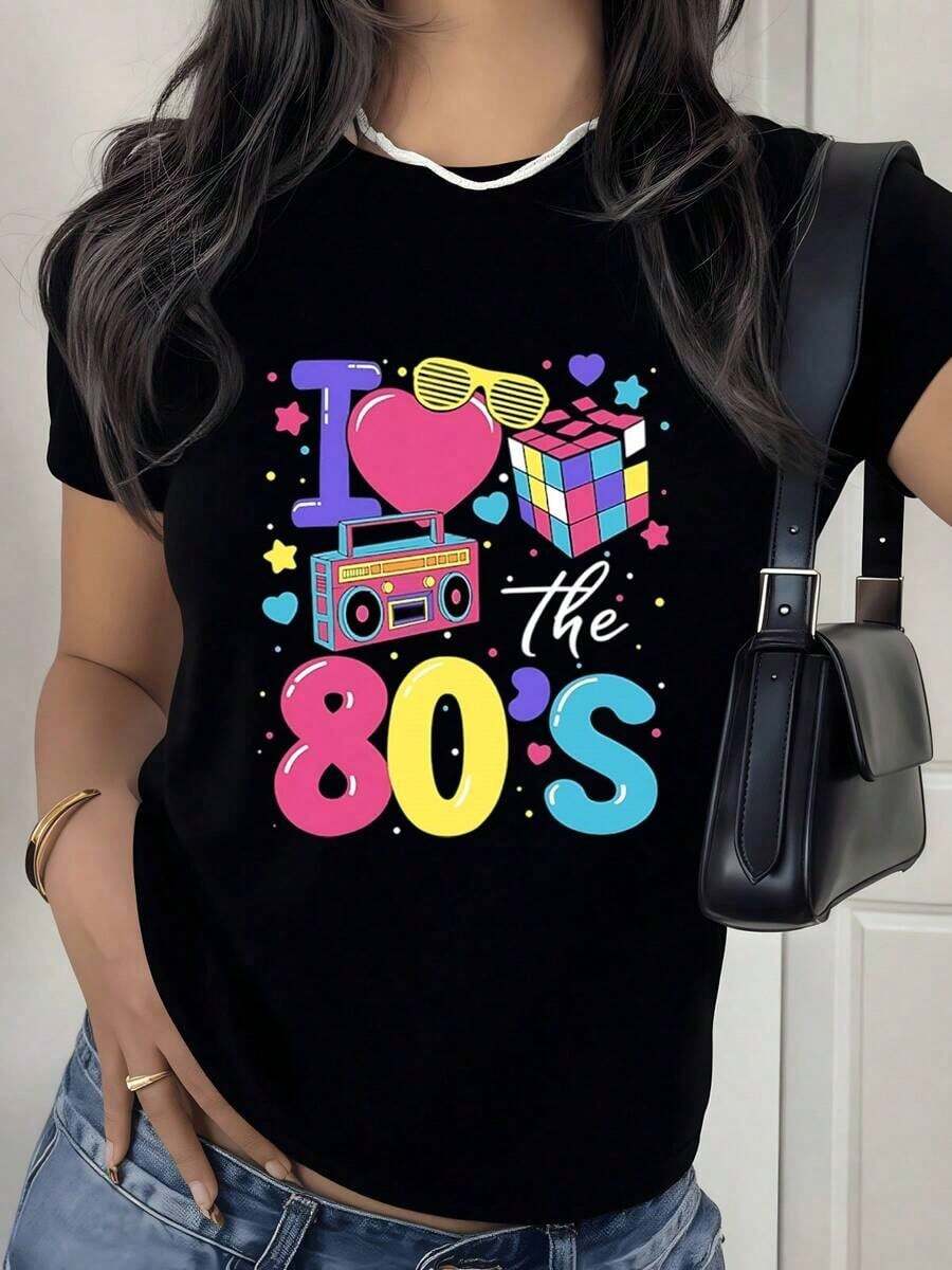 Colorful Print Celebrating Retro Nostalgia With Yellow Glasses, A Pink Heart, A Multicolored Cube, And An 80s Radio. Women's Outdoor T-Shirt, 100% Cotton, Comfortable And Vibrant - 黑色 - 查看 1