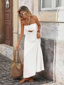 Vestido de gasa con estampado para primavera y verano con cuello de halter para mujeres - Blanco - Ver 6