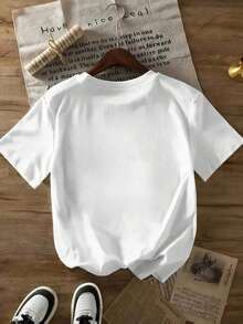 Camiseta Casual de Manga Corta para Mujer, Cuello Redondo, Hombros Caídos, con Estampado de Corazón de Leopardo, Largo Regular - Blanco - Ver 3