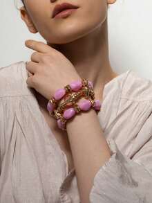 Set de 3 piezas de pulseras de cuentas de resina rosa - Pulseras elásticas apilables con piedras irregulares de tono dorado para mujeres, joyas bohemias en capas como regalo - Rosa - Ver 5
