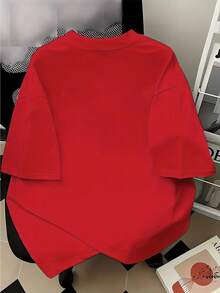 Soft 100% Cotton Women's T-Shirt, Round Neck, Casual, For Summer, Breathable, For Spring/Summer/Autumn (Machine Washable), Suitable For Casual Wear, Women's Short Sleeve T-Shirt With Creative Print, Women's Round Neck T-Shirt, Breathable Cotton T-Shirt, Matches Everything. - 紅色 - 查看 2