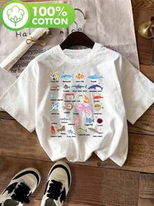 Sea Life Alphabet, Printed T-Shirt For Exploring Sea Creatures, Casual Short Sleeve Round Neck Top, Suitable For Summer And Spring, Women's Clothing, Comfortable Cotton T-Shirt. - 白色 - 查看 1
