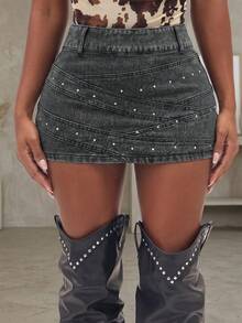 Black Denim A-Line Mini Skirt, Casual Elegant Style With Rhinestone Decor, Non-Stretch Fabric Summer - Grey - View 2