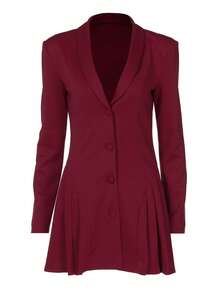 Elegant Short Dress With Blazer Collar And Deep V-Neck In A Solid Color - 酒紅色 - 查看 5