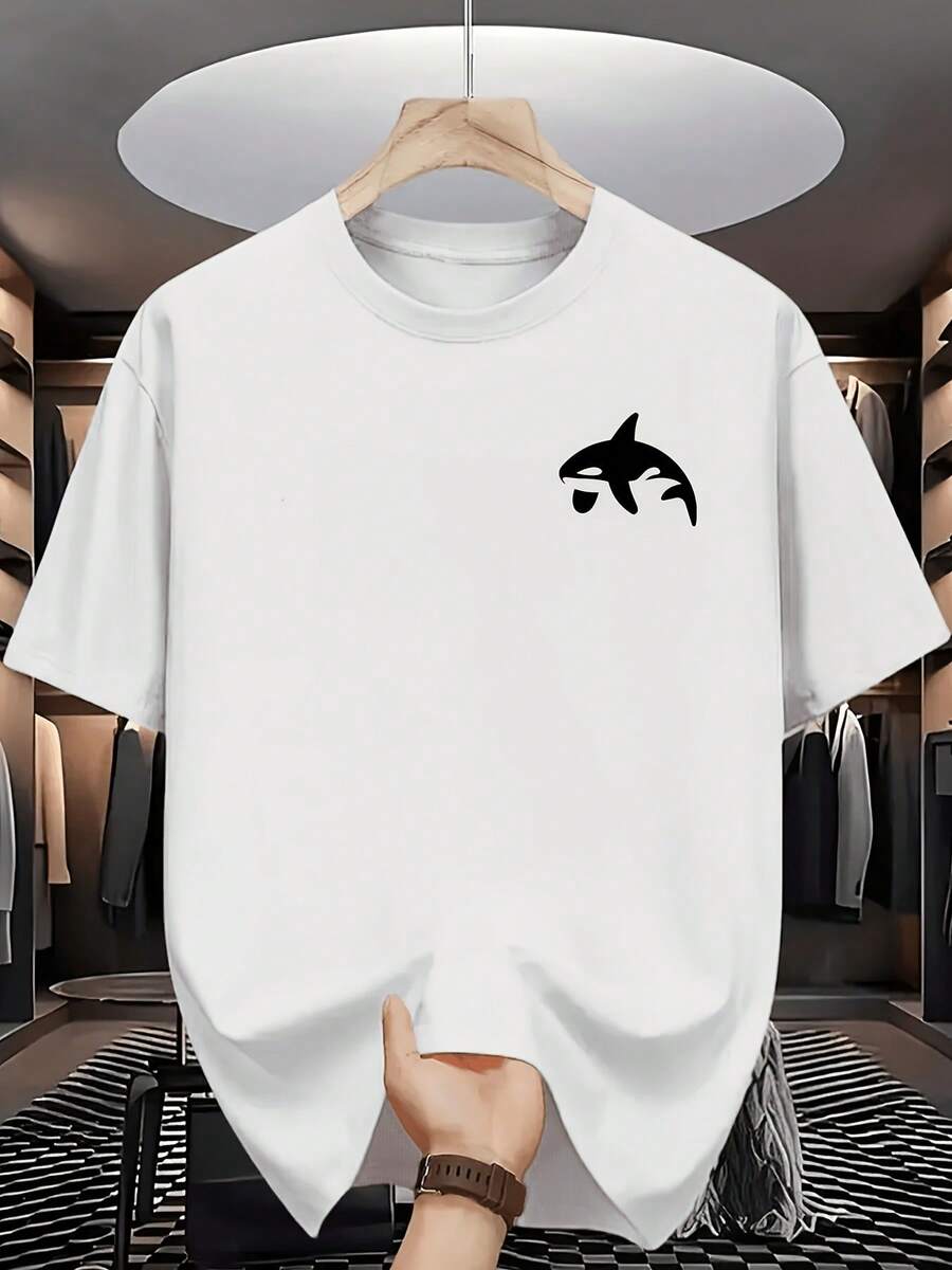 Camiseta de cuello redondo para hombre con estampado de orca, ideal para el verano, de manga corta, única y a la moda, llena de energía marina, adecuada para hombres que practican deportes marinos. - Blanco - Ver 1