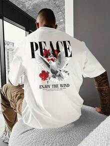 Comfortable, Fashionable Unisex T-Shirt With An Inspirational Peace Theme, Featuring A Peace Dove, A Red Rose, And The Motivational Slogan "Enjoy The Breeze" Printed On The Back. A Casual Gift For Positive People. - 白色的 - 查看 1