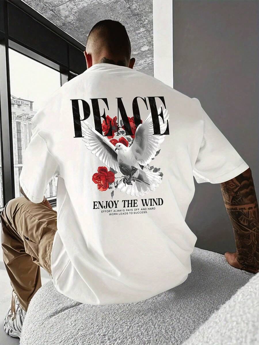 Comfortable, Fashionable Unisex T-Shirt With An Inspirational Peace Theme, Featuring A Peace Dove, A Red Rose, And The Motivational Slogan "Enjoy The Breeze" Printed On The Back. A Casual Gift For Positive People. - 白色的 - 查看 1