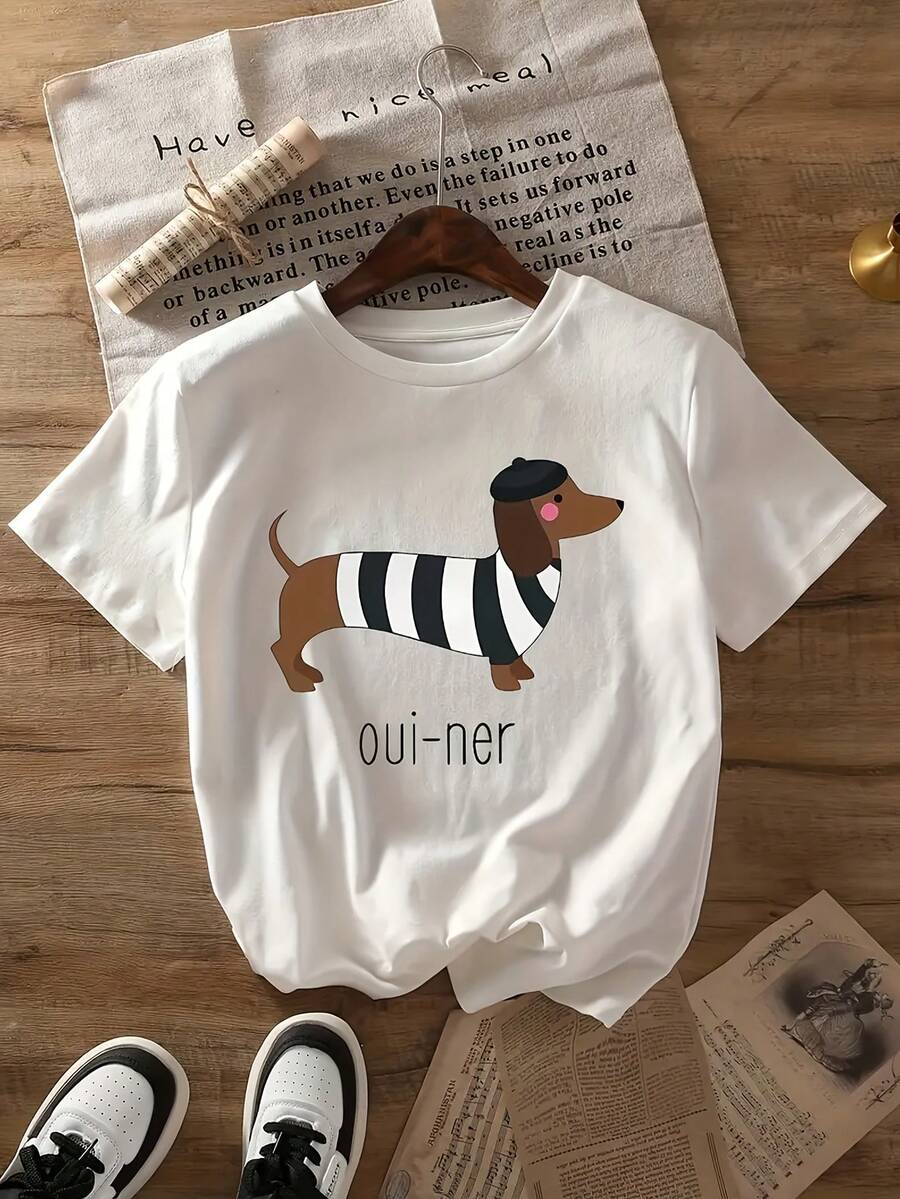 Women's Casual Short Sleeve T-Shirt With Cartoon Dachshund Dog Design, Pale Pink With Hat, Funny "Oui-Ner" Text, Lightweight And Breathable Fabric, Perfect For Spring/Summer/Autumn, Casual Wear | Fun Design | Comfortable Fit Y2k T-Shirt - 黑色 - 查看 1
