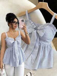 Top sin mangas casual para mujer, diseño de moda con tirantes de lazo, nudo de moño, a rayas azul y blanco, cintura ceñida, sexy y favorecedor, versátil para uso diario y citas, verano - Azul marino - Ver 4
