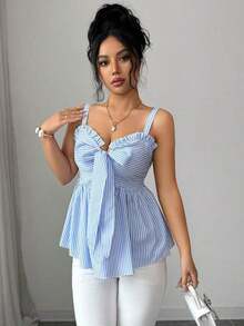 Top sin mangas casual para mujer, diseño de moda con tirantes de lazo, nudo de moño, a rayas azul y blanco, cintura ceñida, sexy y favorecedor, versátil para uso diario y citas, verano - Azul y blanco - Ver 8