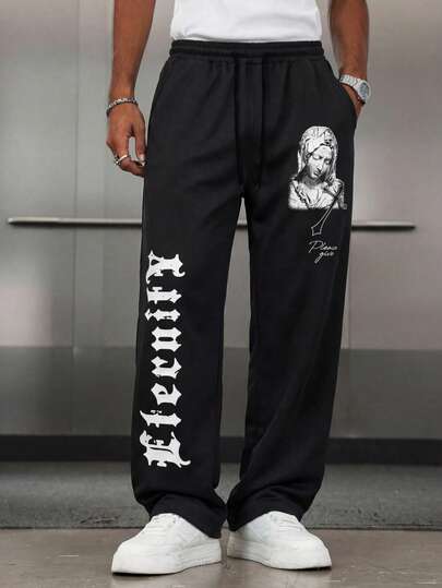 MAISONFOX Men's Casual Street Style Loose Sweatpants Men's Retro Virgin Mary Printed Wide Leg Pants, Minimalist Style For Daily Wear Men's Loose Comfortable Casual Sports Straight Leg Sweatpants, Black