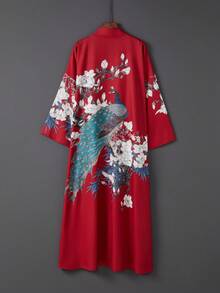 Áo khoác kimono dáng rộng, phong cách retro bohemian, dài ngang gối, in họa tiết chim công, thanh lịch, cá tính, thích hợp mặc ở nhà, thắt eo, mỏng nhẹ cho kỳ nghỉ hè, đi biển hoặc mặc ngoài đồ bơi. - Đỏ - Xem 2