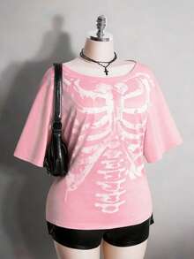2026 Summer Collection,ICON Women's Plus Size Autumn/Winter Warm Retro Distressed Sexy Fashion Avant-Garde Bold Street Style Millennial Y2K Dark Gothic Punk Skull Rose Pattern Loose T-Shirt Gothic Summer Clothes Gothic Clothing For Women,Sizes 3–7XL, Free Shipping,  Within 24 Hours - Hồng - Xem 10