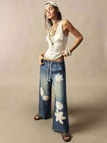 Jeans anchos de pierna ancha de unicolor tejidos informales para mujer - Azul - Ver 7