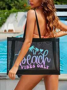 2pcs Large Capacity Mesh Bag Set, Gradient Shiny Beach Palm Tree Print Mesh Bag, Mesh Beach Tote Bag, Mesh Cosmetic Storage Bag, Foldable Waterproof Beach Bag, Letter Decor Mesh Beach Shoulder Bag, Women's Personalized Gift Bag, Makeup Bag, Summer - Black - View 2