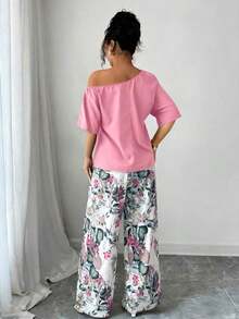 2 piezas Conjunto de top asimétrico de cuello sólido y pantalones con estampado tropical, estilo casual de vacaciones - Rosa - Ver 2