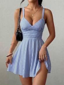Vestido corto de punto sexy y elegante con escote en V, cintura fruncida y tirantes finos para mujer - Azul 2 - Ver 7