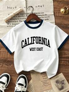 青少年男孩 3 件組短袖 T 恤，正面 California LA City 字母圖案印花，休閒對比滾邊圓領夏季上衣 - 彩色 - 查看 5