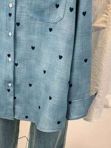 Camisa polo de manga larga con bolsillo y estampado de corazón de unicolor básico casual para mujer, adecuada para uso diario en , verano y otoño - Multicolor - Ver 7
