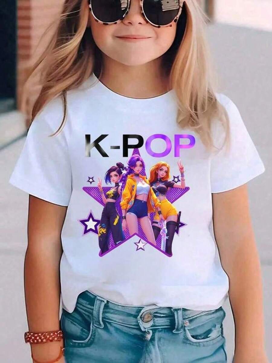 Camiseta casual versátil de manga corta y cuello redondo con estampado gráfico de chica estilo K-pop, camiseta esencial de algodón puro para uso diario, estilo básico de manga corta holgada para damas y adolescentes, material agradable para la piel para el día a día, la calle, el ocio, la vida universitaria, citas, fiestas, vacaciones y viajes. - Blanco - Ver 1
