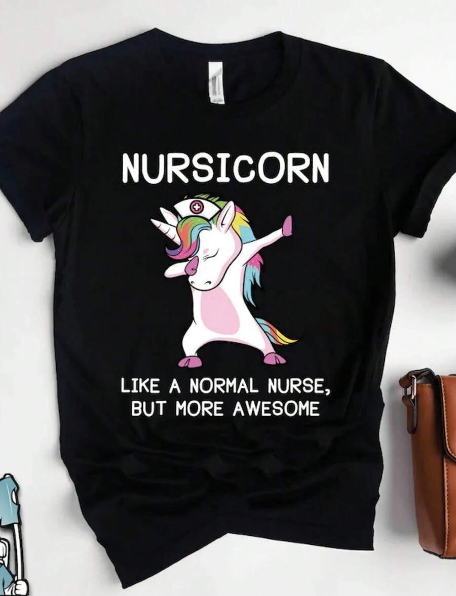 1 Unicorn Nurse T-Shirt, RN T-Shirts, Gifts For Nurses, Unicorn Nurse T-Shirt, Registered Nurse T-Shirt, Unicorn Art, 180g 100% Cotton - 黑色 7 - 查看 1
